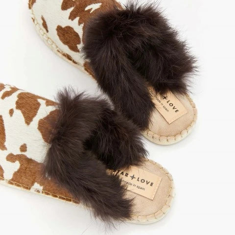 Zuecos de piel con estampado vaca y pelo | Aurora 90