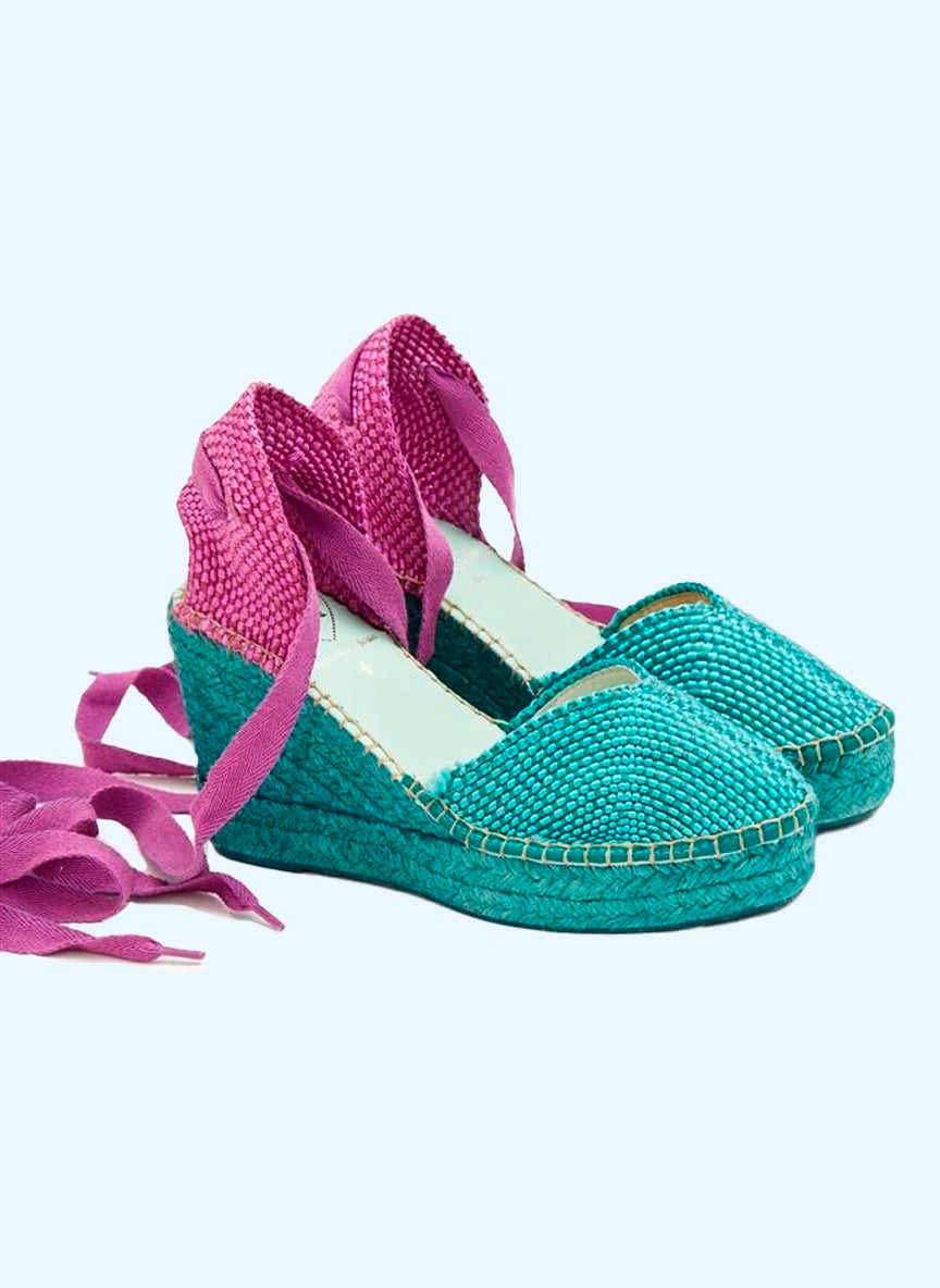 Alpargatas verdes con lazo fuxia| Beta 143