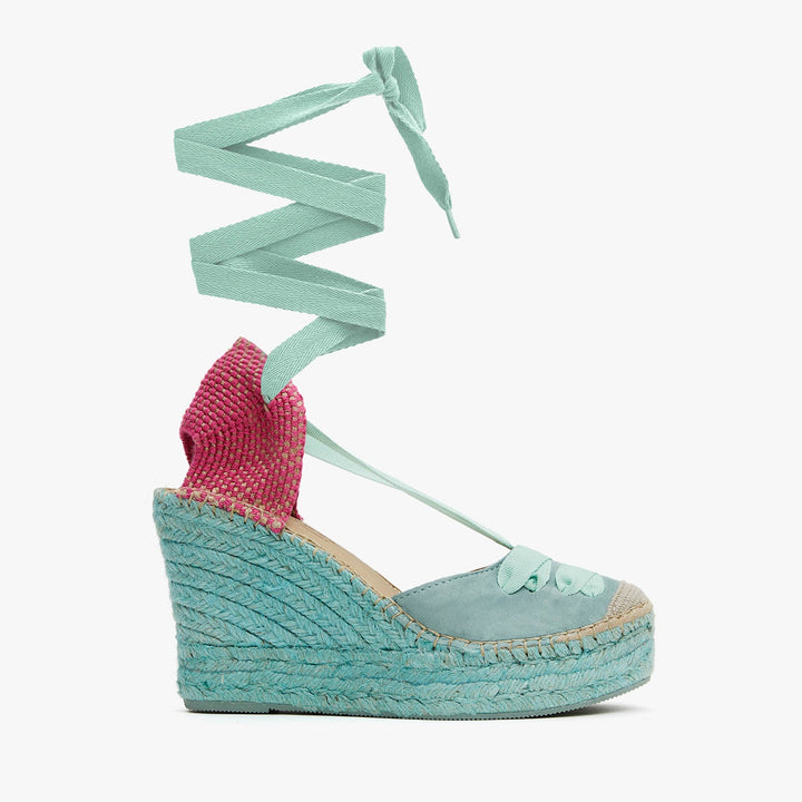 alpargatas valencianas cuña alta en azul malibu y fucsia | Meridian 110