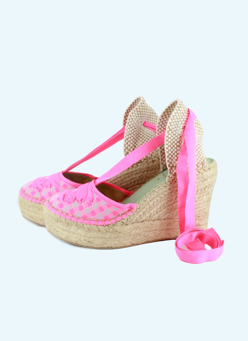 Alpargatas cuña alta vichy fuxia con cintas | Meridian 21