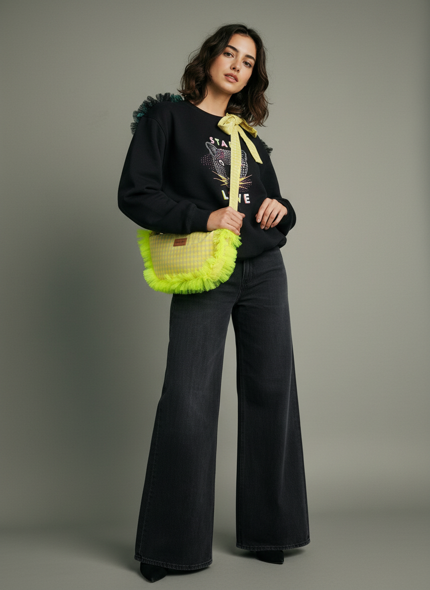 Bolso bandolera vichy amarillo flúor con volante tul | Sofia