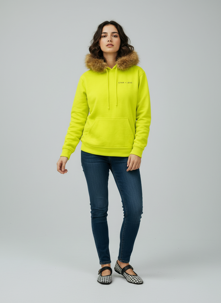 Sudadera amarilla flúor de invierno con capucha de pelo | Carla