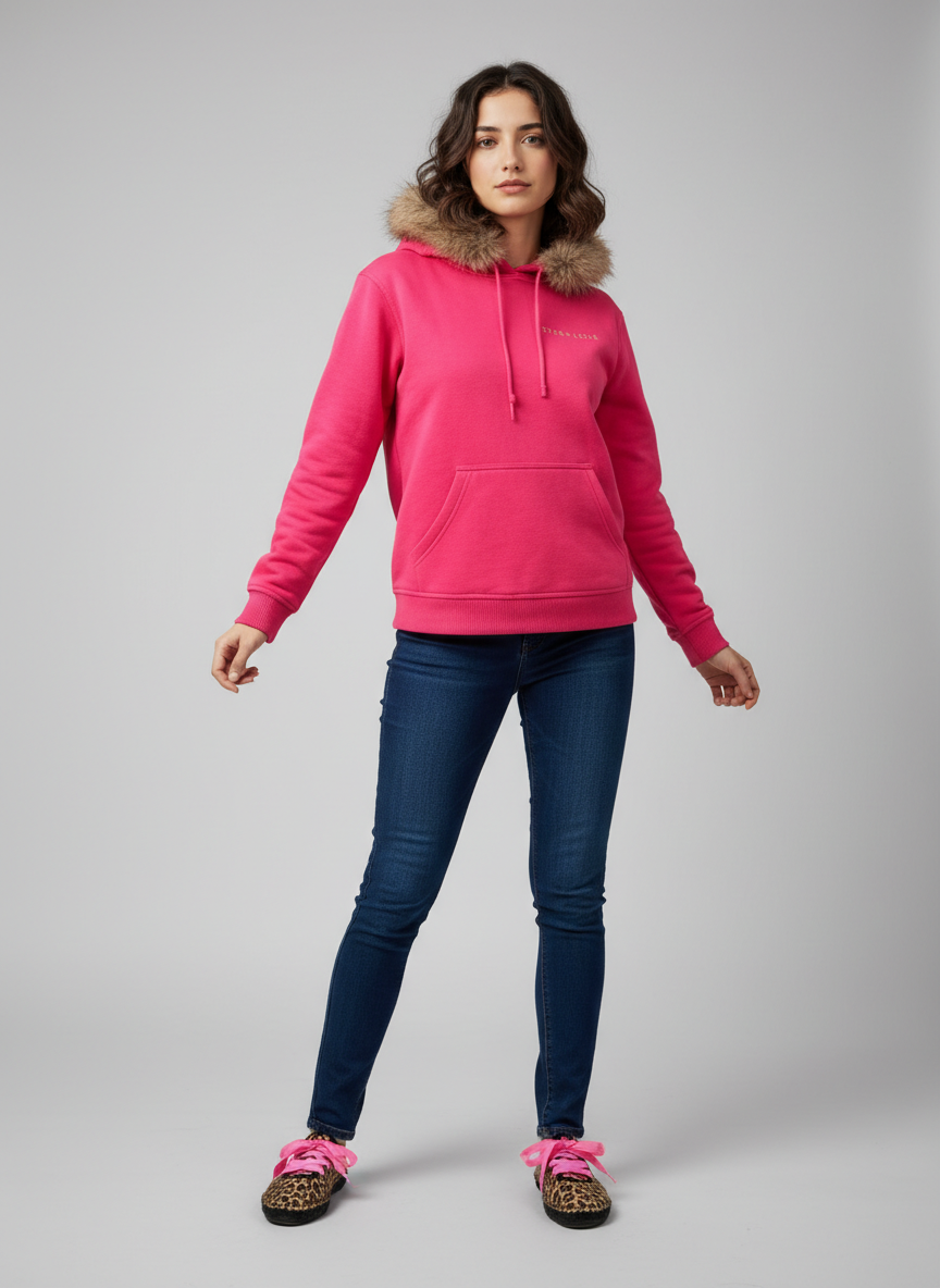 Sudadera fucsia flúor de invierno con capucha de pelo | Carla