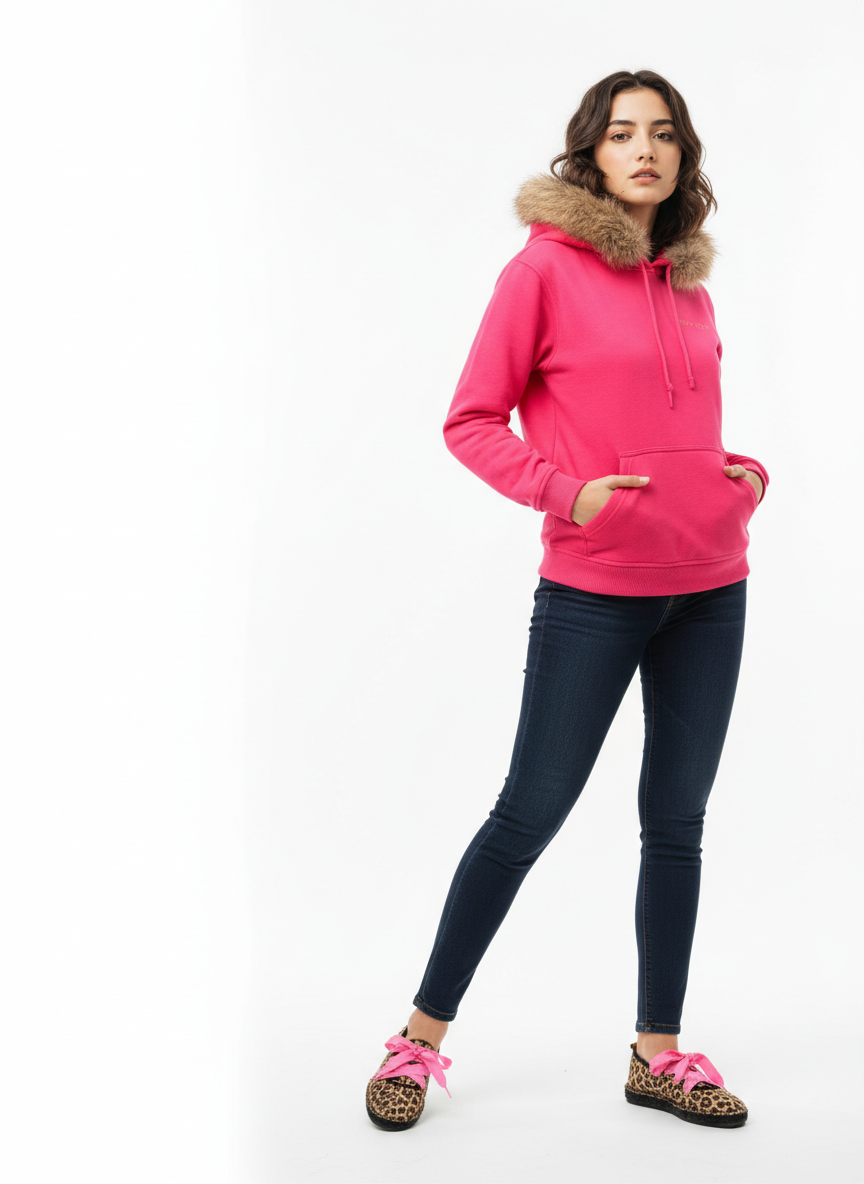 Sudadera fucsia flúor de invierno con capucha de pelo | Carla