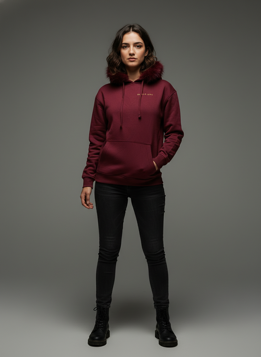 Sudadera granate de invierno con capucha de pelo | Carla
