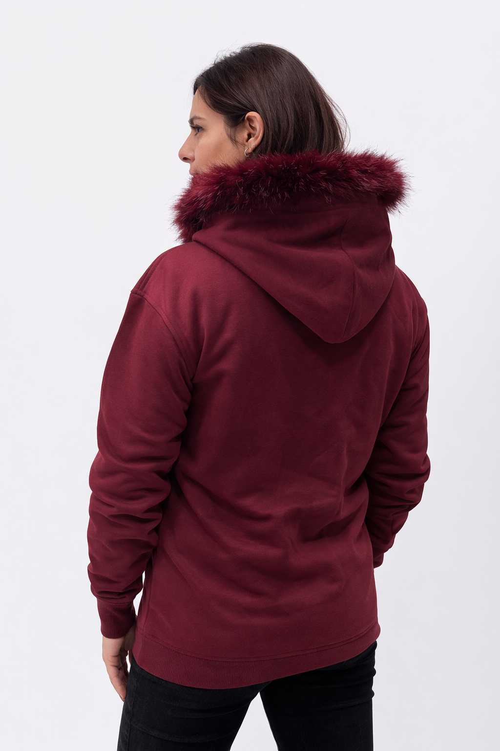 Sudadera granate de invierno con capucha de pelo | Carla