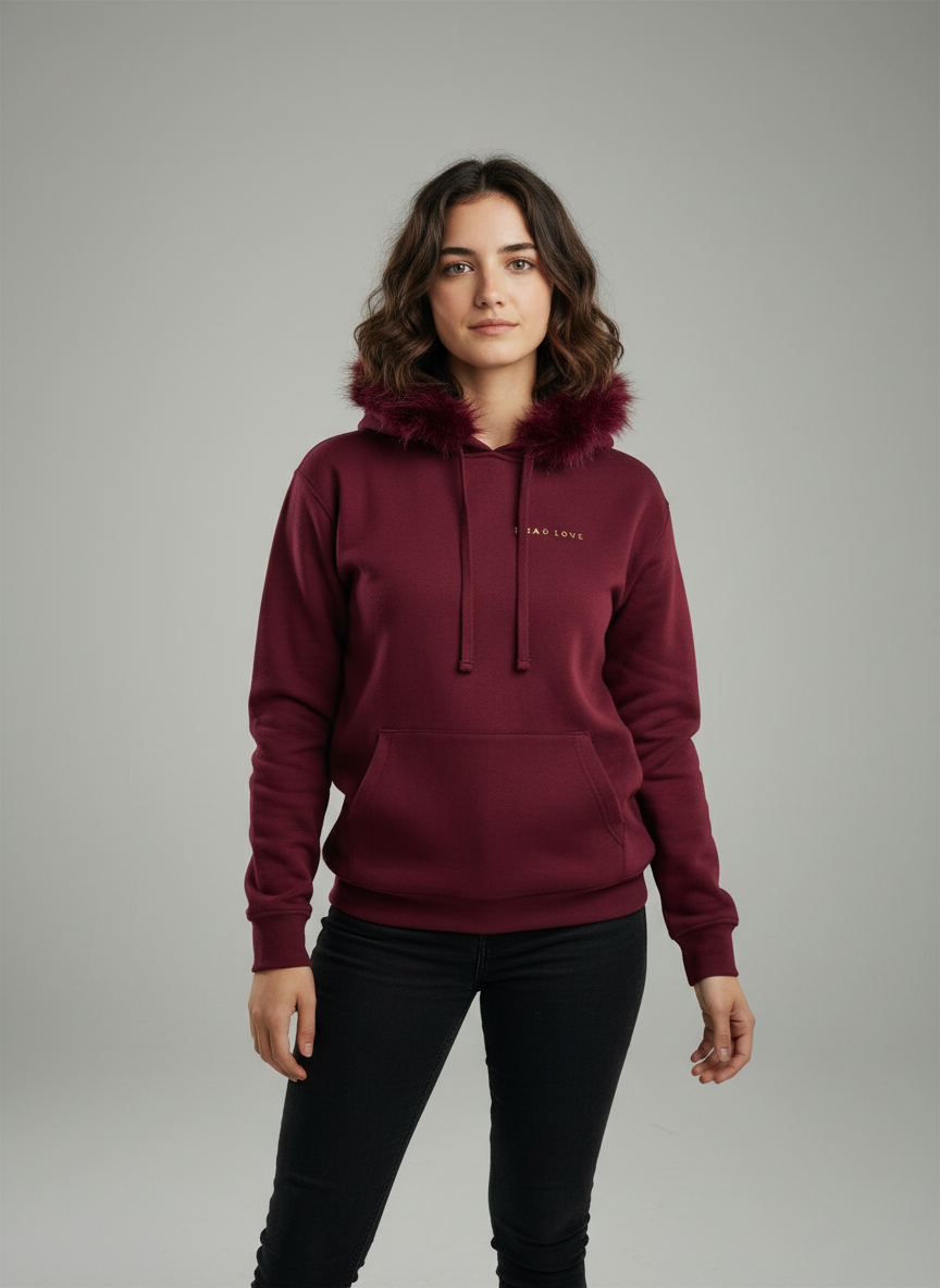 Sudadera granate de invierno con capucha de pelo | Carla