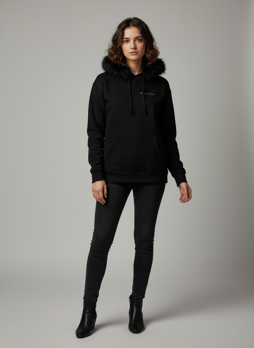 Sudadera negra con capucha de pelo | Carla