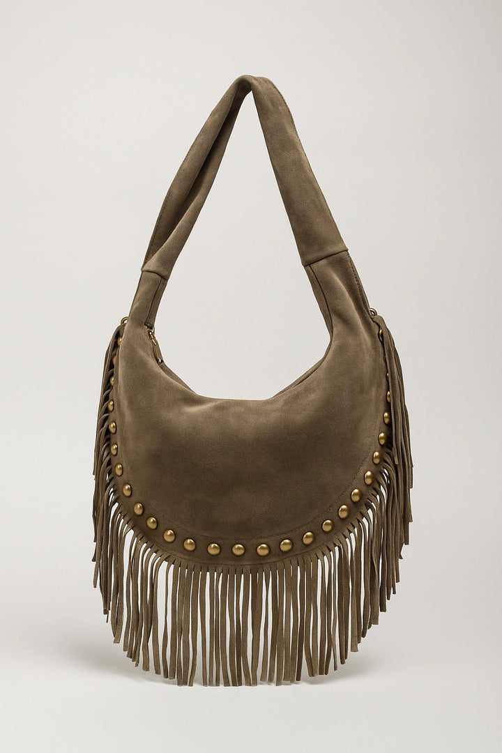 Bolso hobo con flecos y tachas color beige pidra | Olivia