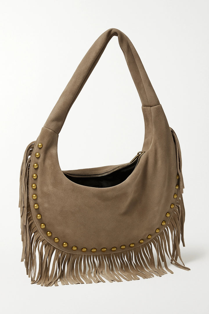 Bolso hobo con flecos y tachas color beige pidra | Olivia