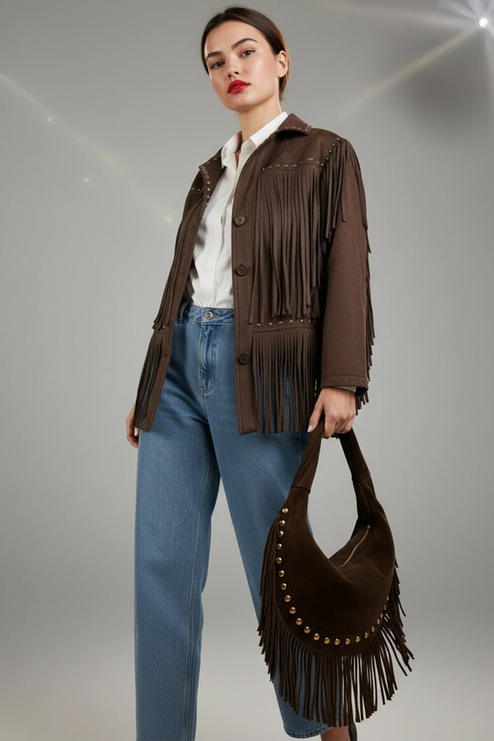 Bolso hobo con flecos y tachas color chocolate | Olivia