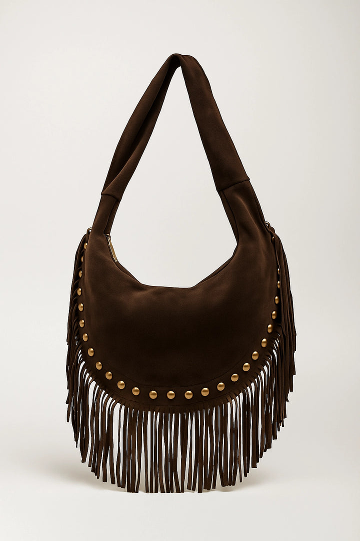 Bolso hobo con flecos y tachas color chocolate | Olivia