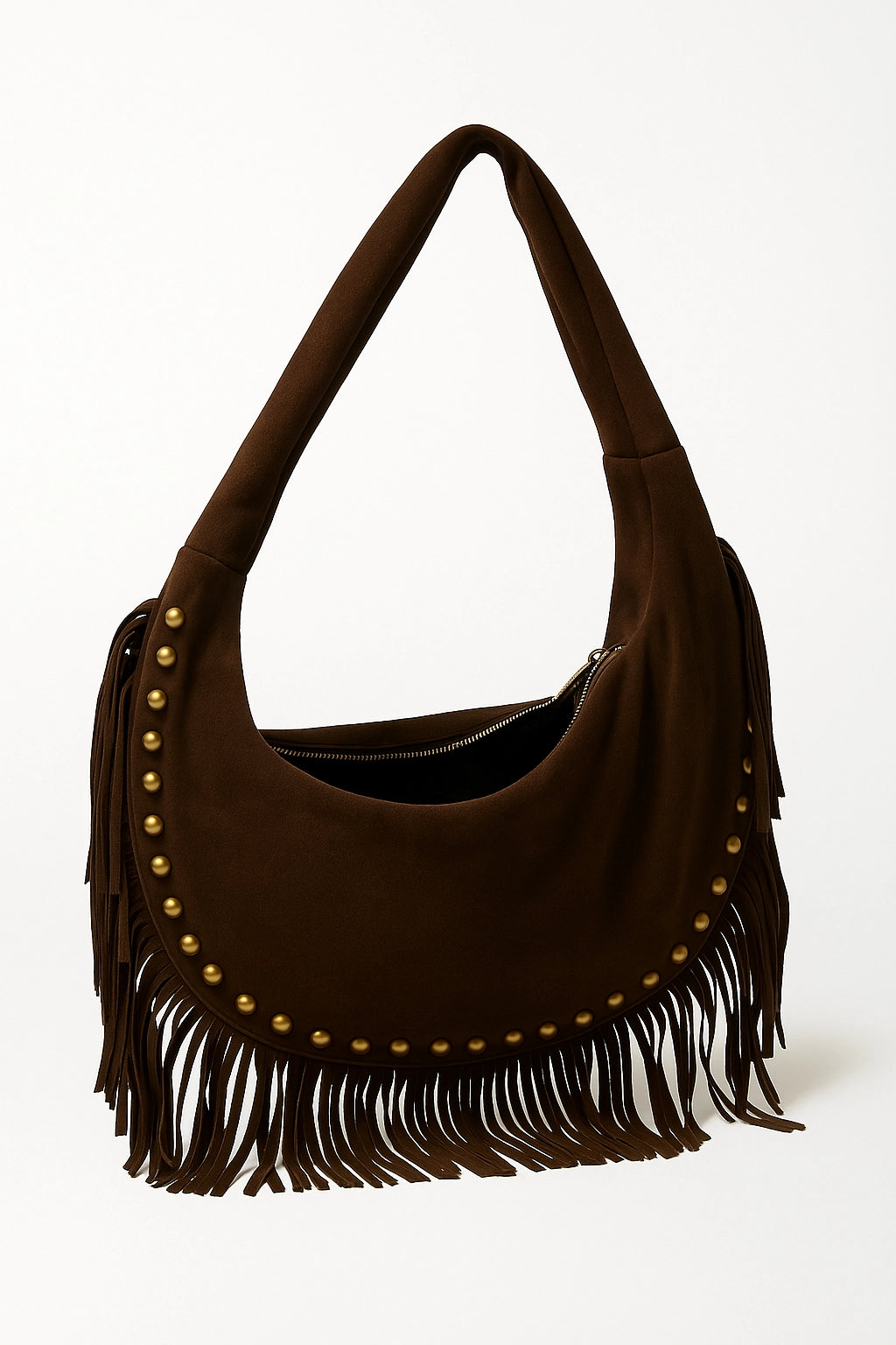Bolso hobo con flecos y tachas color chocolate | Olivia