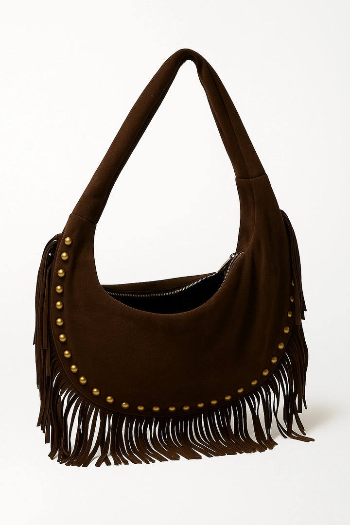 Bolso hobo con flecos y tachas color chocolate | Olivia