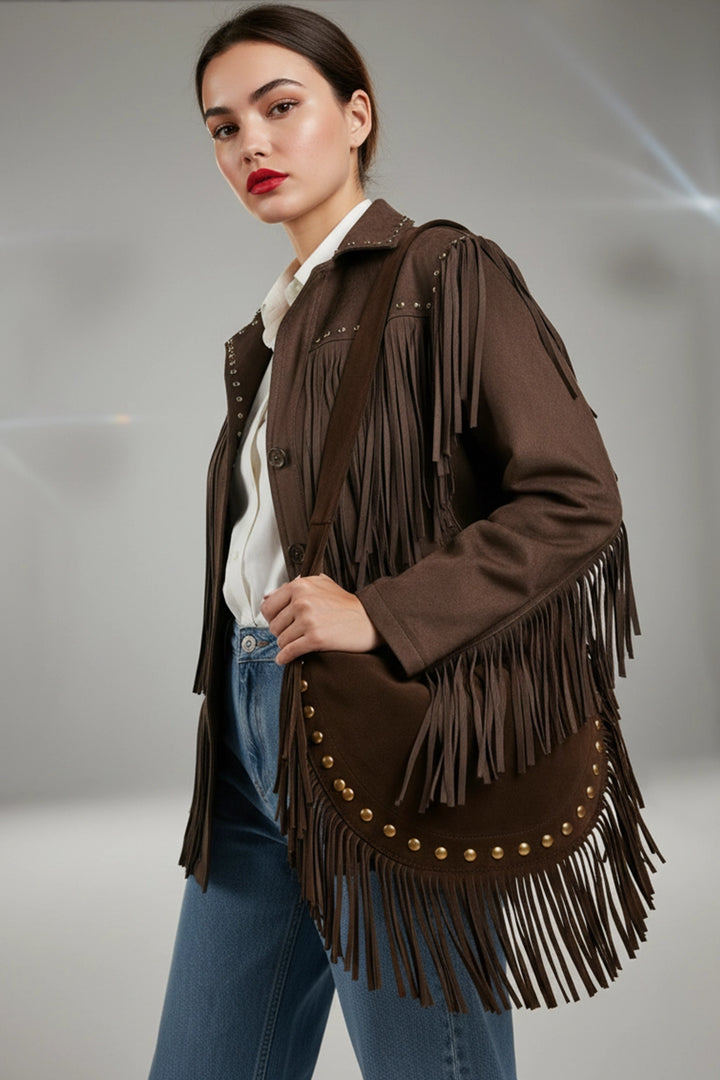 Bolso hobo con flecos y tachas color chocolate | Olivia