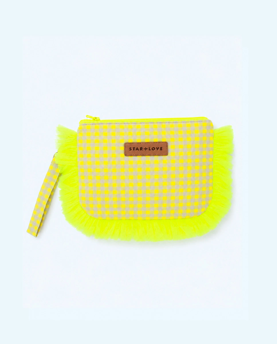 Bolso de mano vichy amarillo flúor con volante tul | Valentina