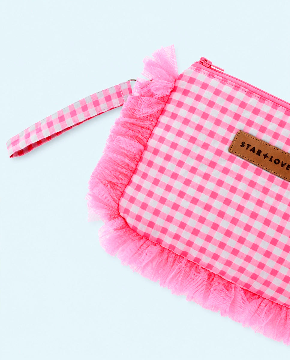 Bolso de mano vichy fucsia con tul flúor | Valentina