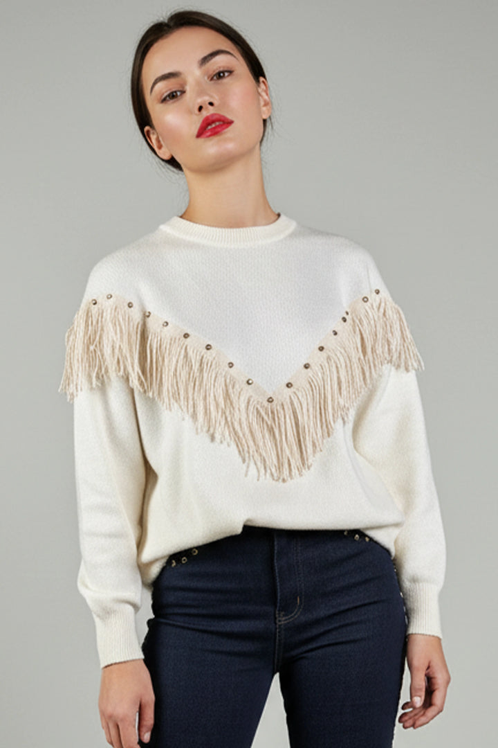 Jersey blanco con flecos y tachas doradas | Bruna