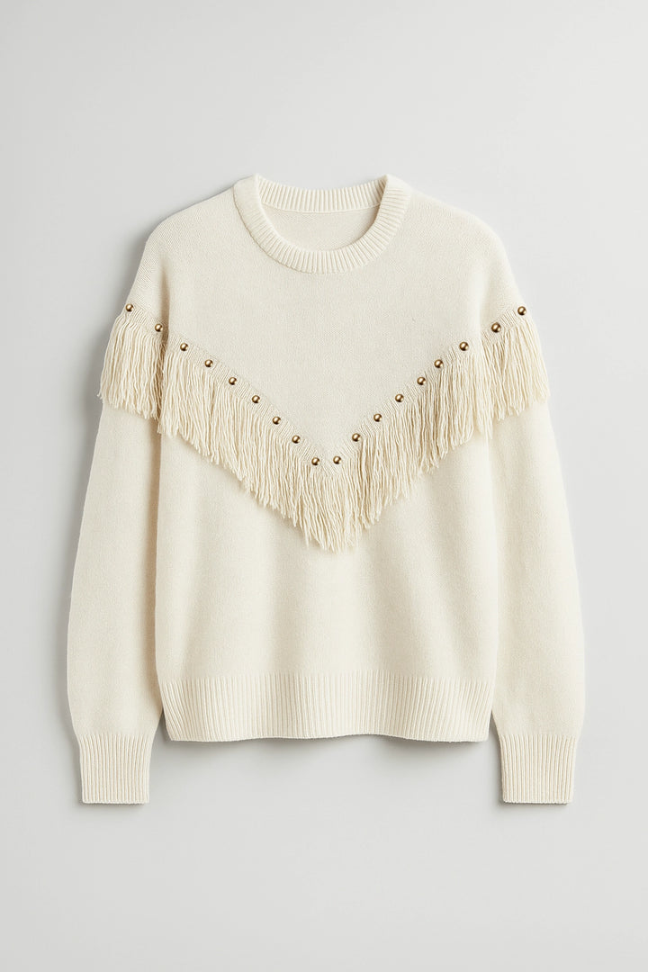 Jersey blanco con flecos y tachas doradas | Bruna