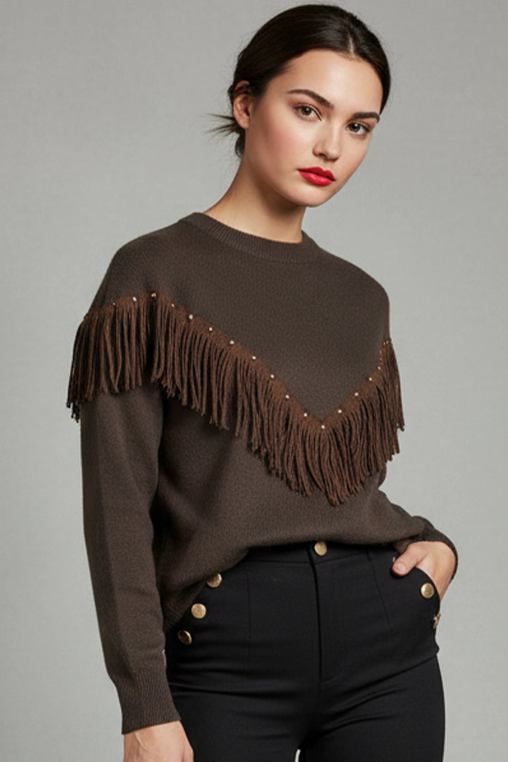 Jersey color chocolate con flecos y tachas doradas | Bruna