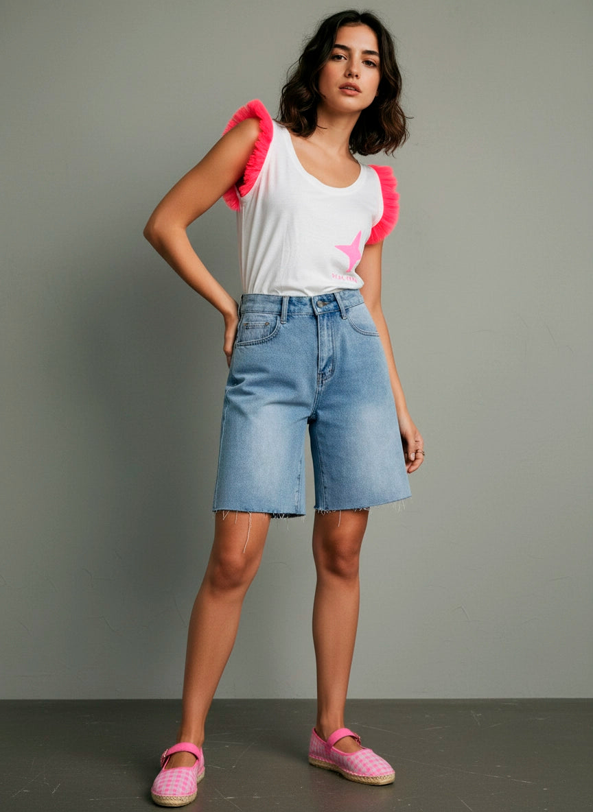 Camiseta blanca sin mangas "Star Love" con tul fucsia | Lia