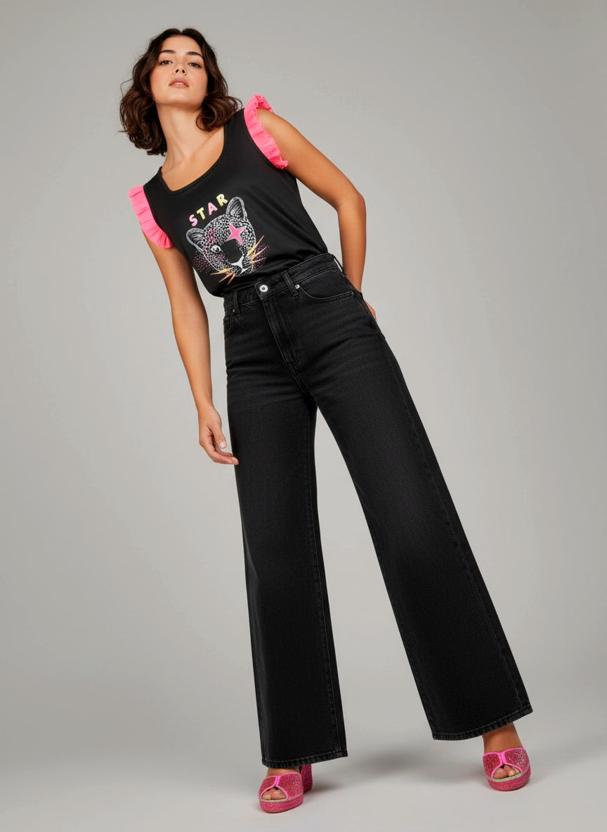 Camiseta negra de tirantes diseño tigre con tul fucsia | Alma