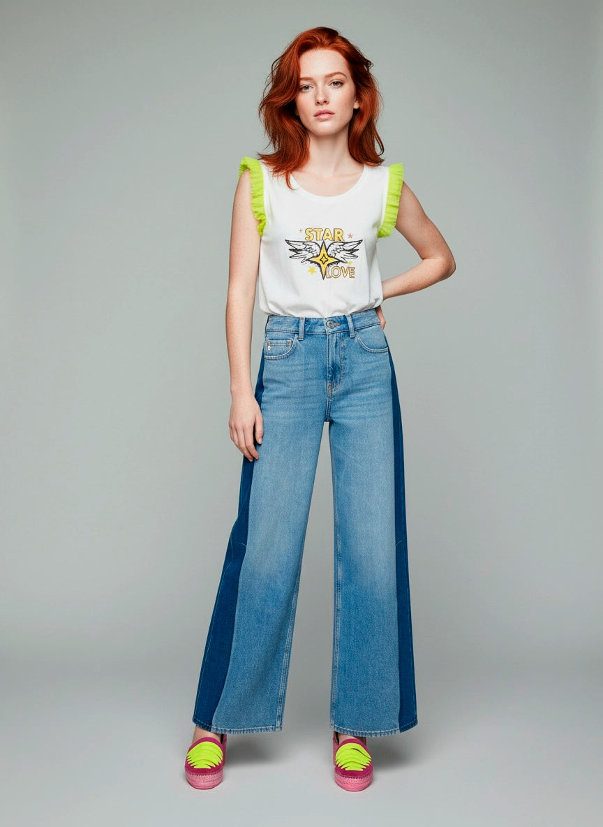 Camiseta blanca con tul amarillo flúor diseño Star Love | Nora