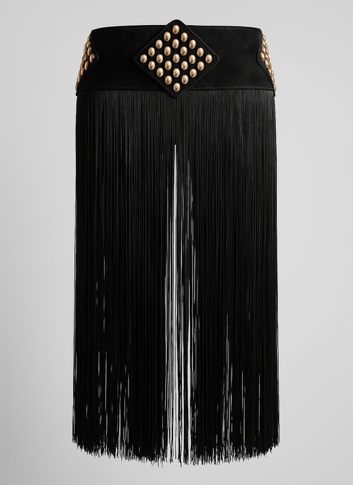 Cinturón negro ancho con flecos largos y tachas doradas | Noelia