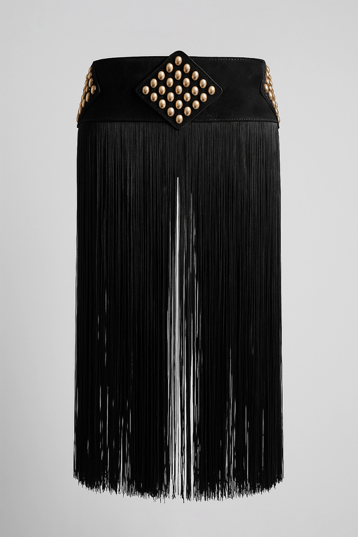 Cinturón negro ancho con flecos largos y tachas doradas | Noelia
