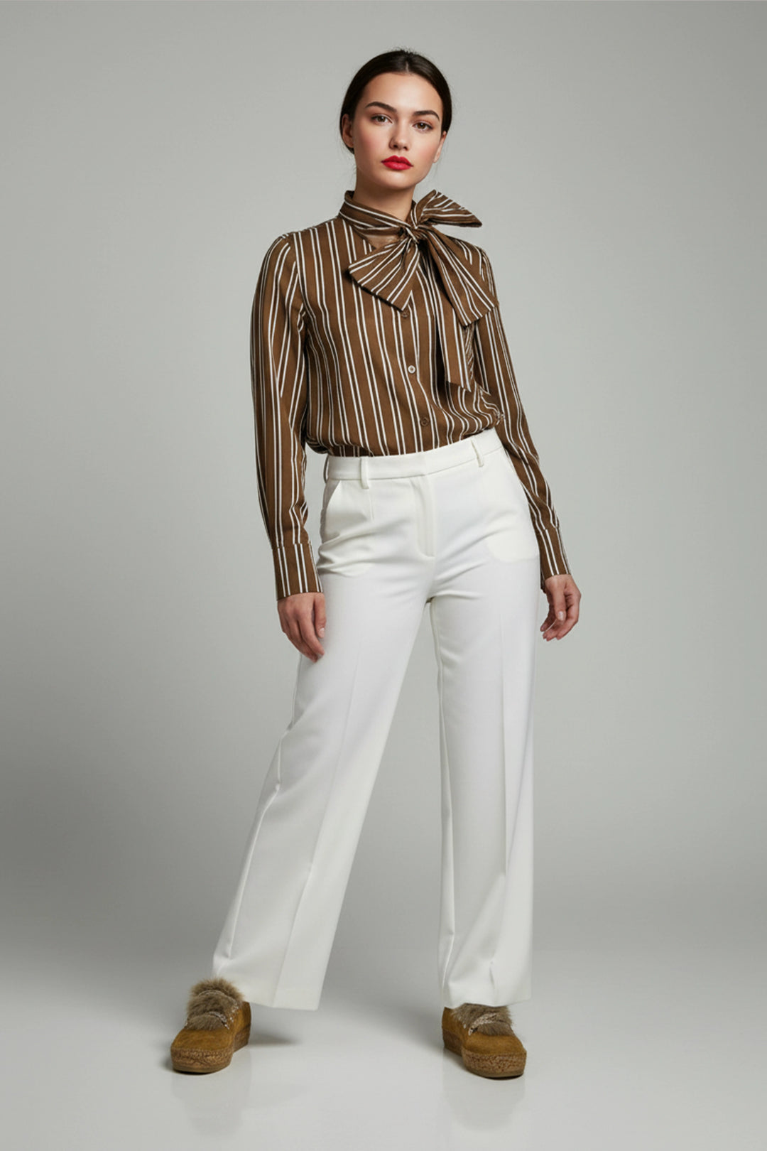 Camisa con lazo al cuello con rayas color chocolate | Daniela