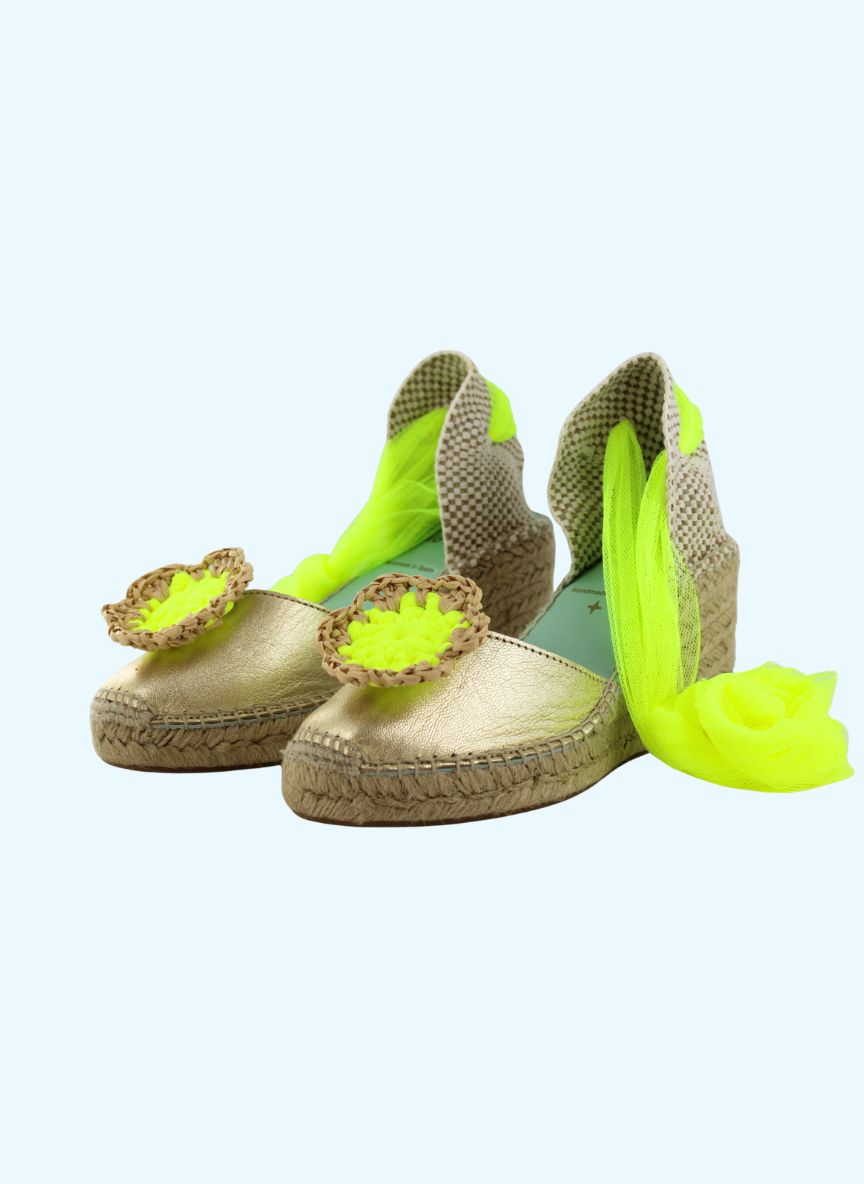 Accesorios flor de rafia amarillo flúor para calzado | Flor amarilla