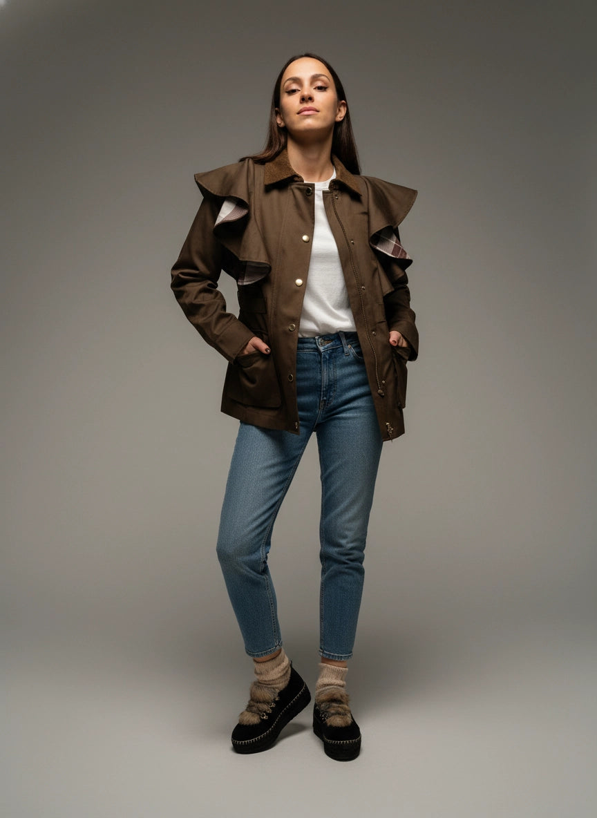 Trench mujer color cacao con volantes y cinturón | Raquel