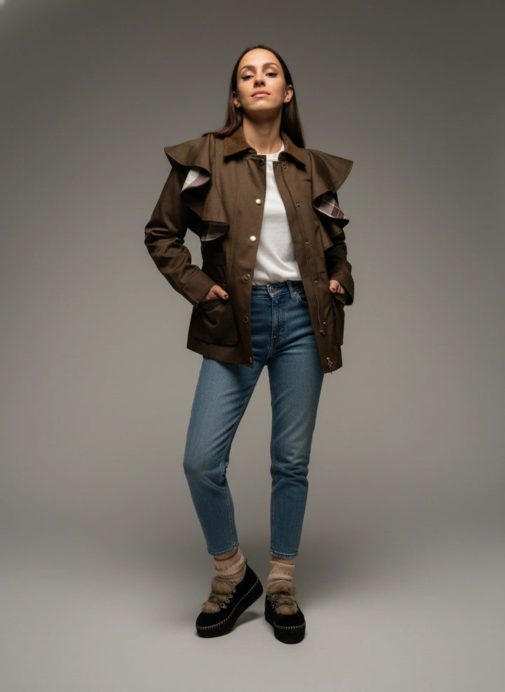 Trench mujer color cacao con volantes y cinturón | Raquel