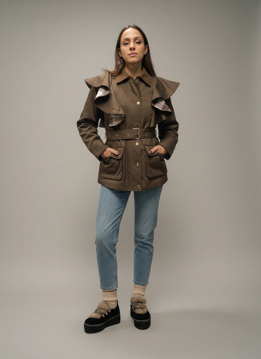 Trench mujer color cacao con volantes y cinturón | Raquel