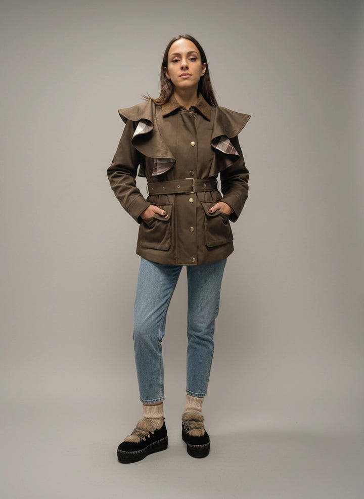 Trench mujer color cacao con volantes y cinturón | Raquel