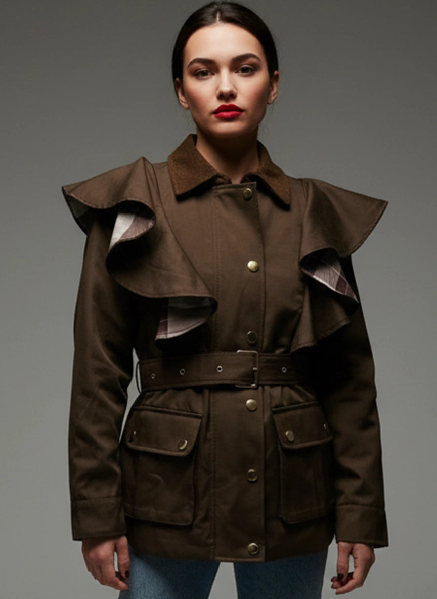 Trench mujer color cacao con volantes y cinturón | Raquel