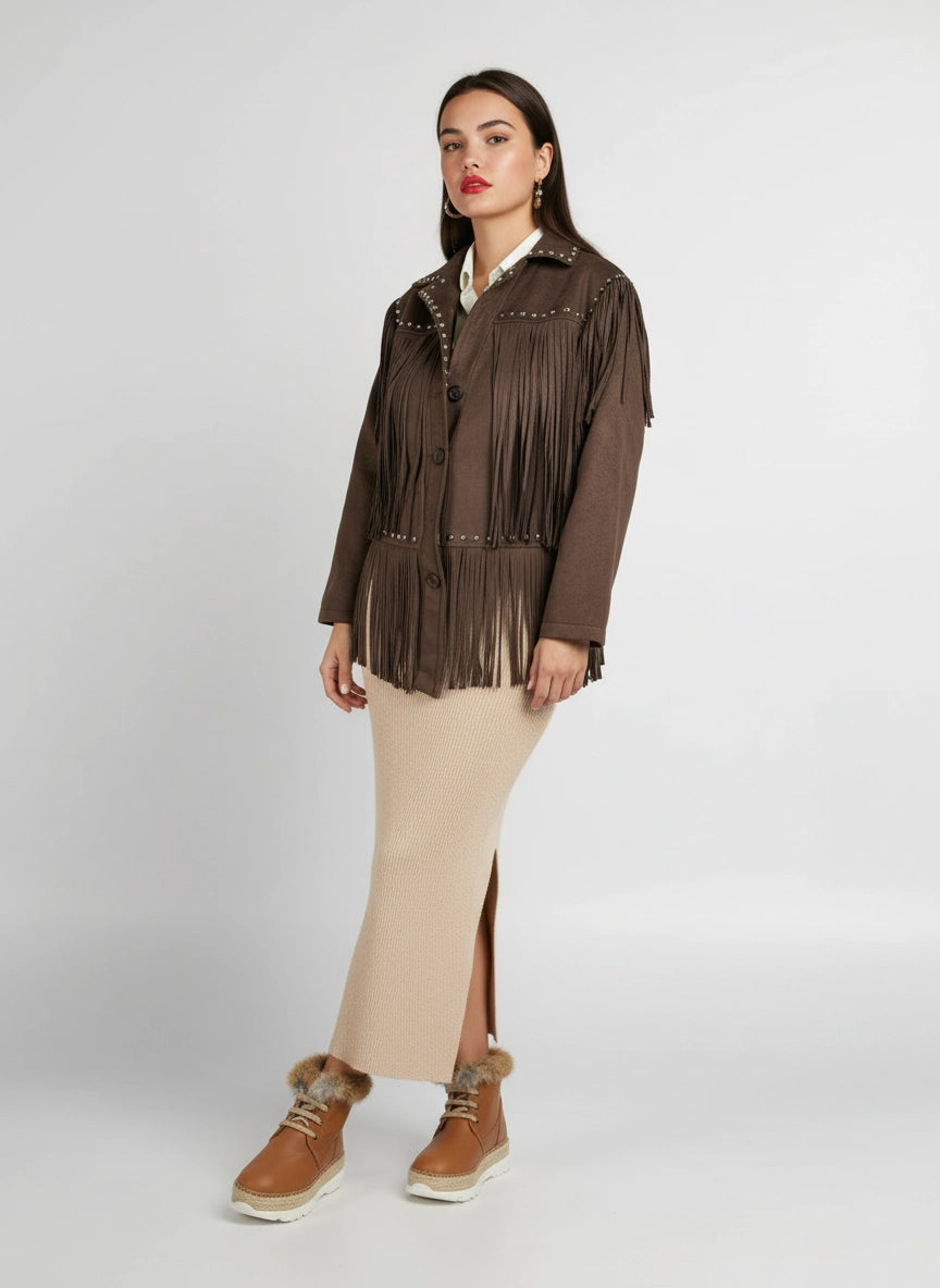 Chaqueta de flecos  marrón chocolate con tachuelas | Isabel