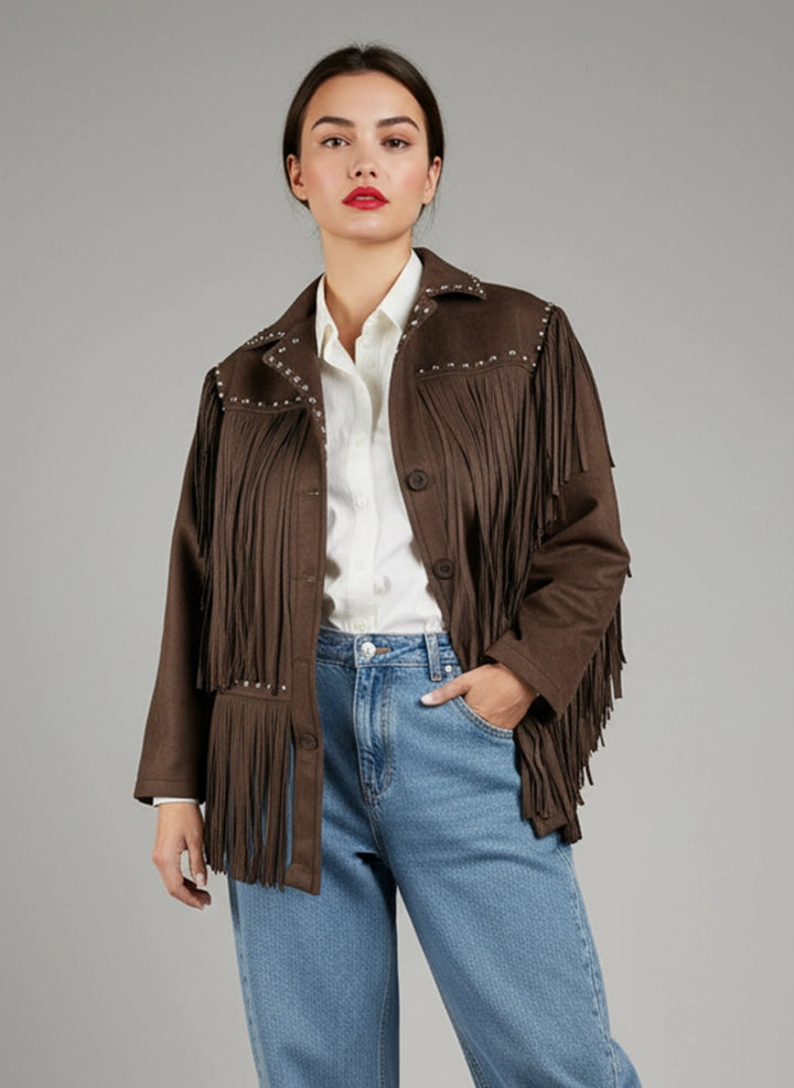 Chaqueta de flecos  marrón chocolate con tachuelas | Isabel
