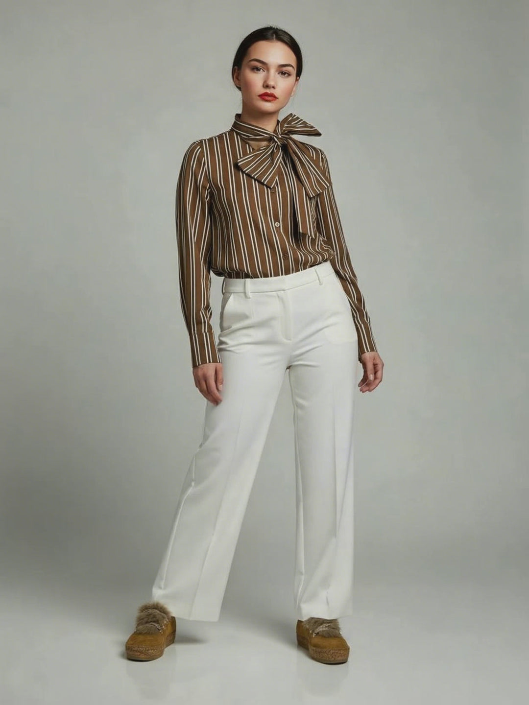 Camisa con lazo al cuello con rayas color chocolate | Daniela