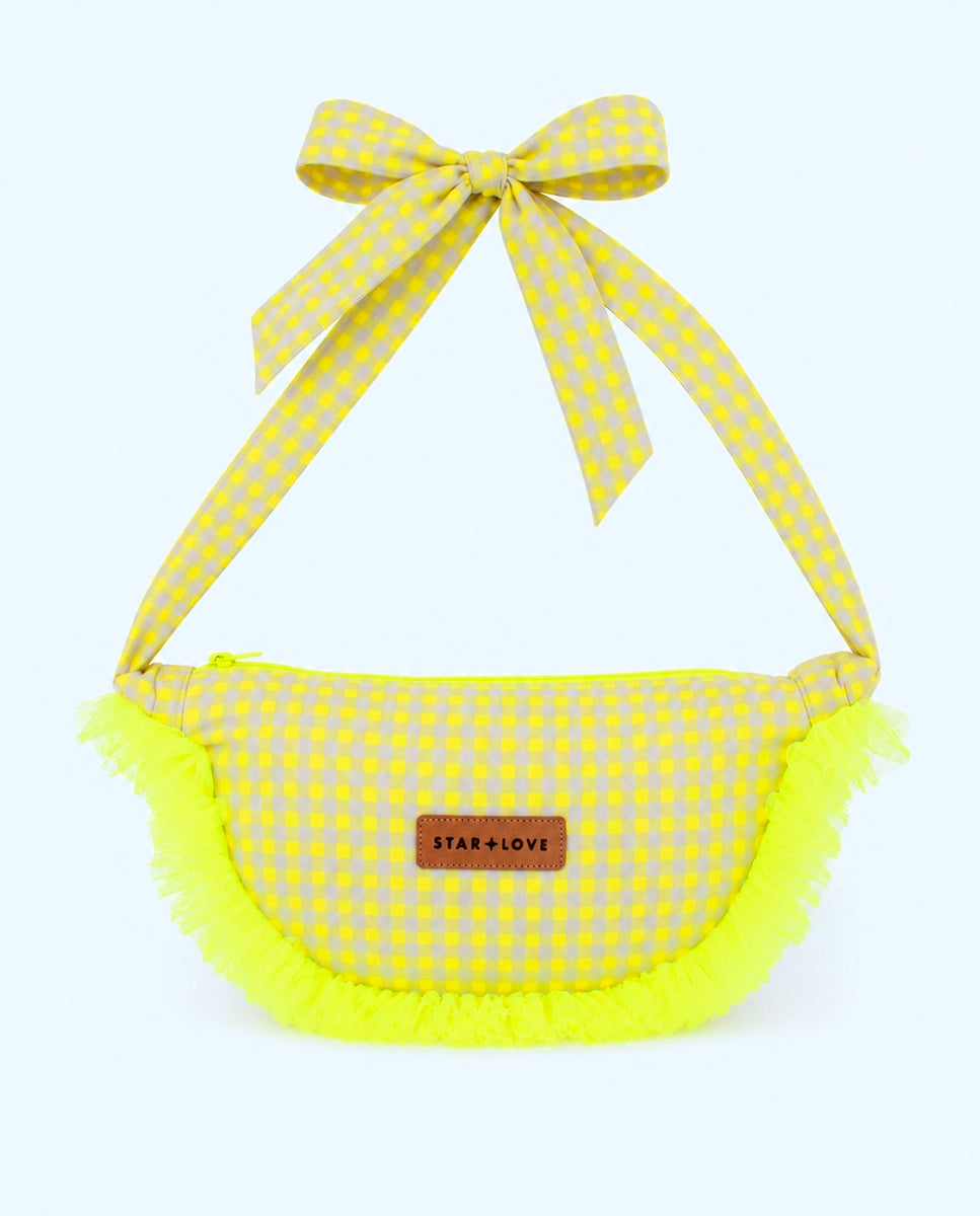 Bolso bandolera vichy amarillo flúor con volante tul | Sofia